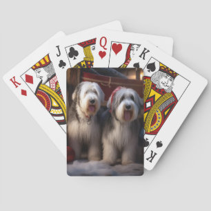 Altenglischer Schäferhund Schneebedeckter Schlitte Spielkarten