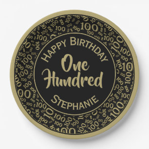 Alter 100 Gespeichertes Zahlenmuster Schwarz/Gold Pappteller