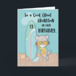 Alter 13 Great Grandson Birthday Beach Funny Racco Karte<br><div class="desc">Wenn Sie die Vorderseite dieser Karte sehen, wird der coole Waschbär Sie an Ihren coolen und hübschen Urenkel erinnern, der auch den Strand und das Surfen Lieben. Aber das Wichtigste, das wird Sie definitiv daran erinnern, dass es bald sein 13. Geburtstag sein wird! Also hol ihm jetzt eine Kopie dieser...</div>