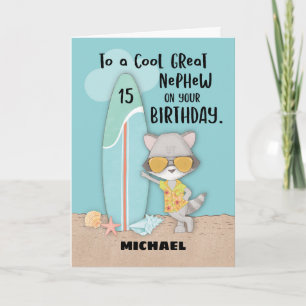 Alter 15 Great Nephew Birthday Beach Funny Raccoon Karte