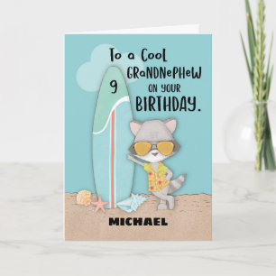 Alter 9 Grandnephew Birthday Beach Funny Raccoon Karte