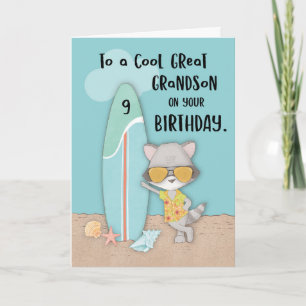 Alter 9 Great Grandson Birthday Beach Funny Raccoo Karte