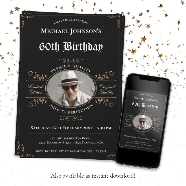 Alter bis Perfection Black Gold Klasse 60. Geburts Einladung (60th Birthday Aged to Perfection Black Gold Classy Invitation)