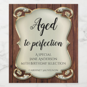 Alter bis Perfection Gold Wood Birthday Wine Label Weinetikett