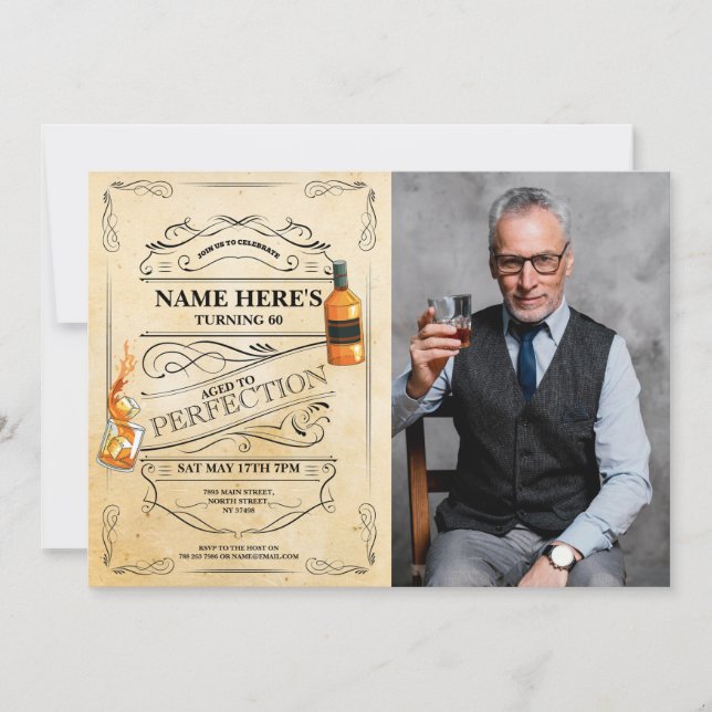 Alter bis Perfection Whiskey 50. 60. Mens Foto Einladung (Vorderseite)