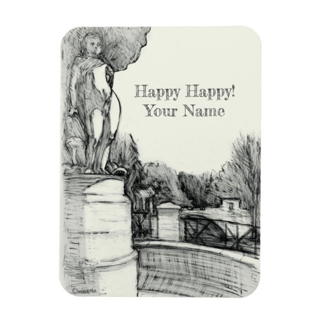 Alter Brunnen im Park mit Skulpturenjunge Magnet (Vertikal)