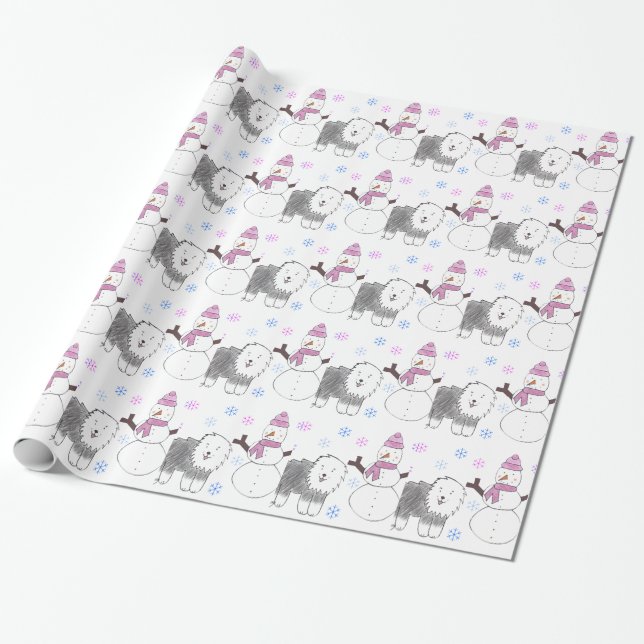 Alter englischer Schäferhund und Schneemann Geschenkpapier (Ungerollt)
