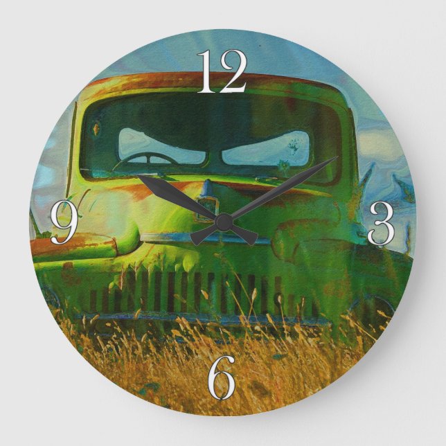 Alter grüner LKW und Feld Große Wanduhr (Vorderseite)