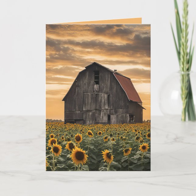 Alter Holzstall in Sonnenblumen Karte (Vorderseite)