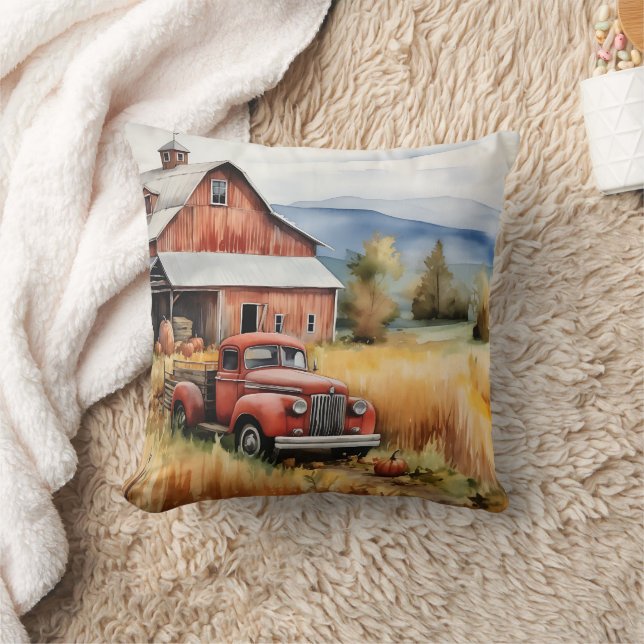 Alter Lieferwagen LKW und Roter Stall im Herbst Kissen (Decke)