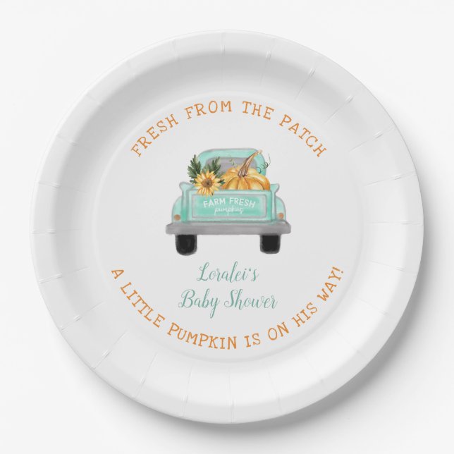 Alter LKW mit Pumpkin Fall Kinderdusche Pappteller (Vorderseite)