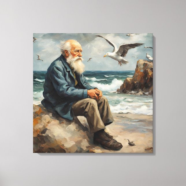 alter Mann am Meer, Möwen fliegen Leinwanddruck (Vorderseite)