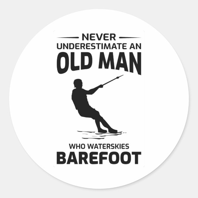 Alter Mann Barefoot Barefoot Skifahren Wassersport Runder Aufkleber (Vorderseite)