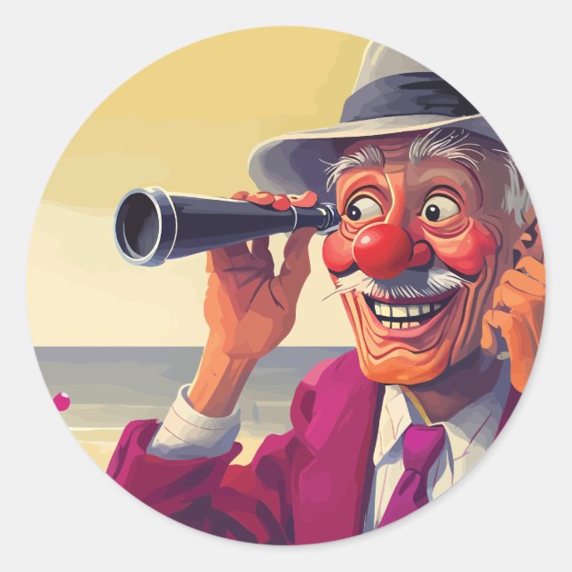 Alter Mann mit Spyglass am Strand, Funny Runder Aufkleber (Vorderseite)