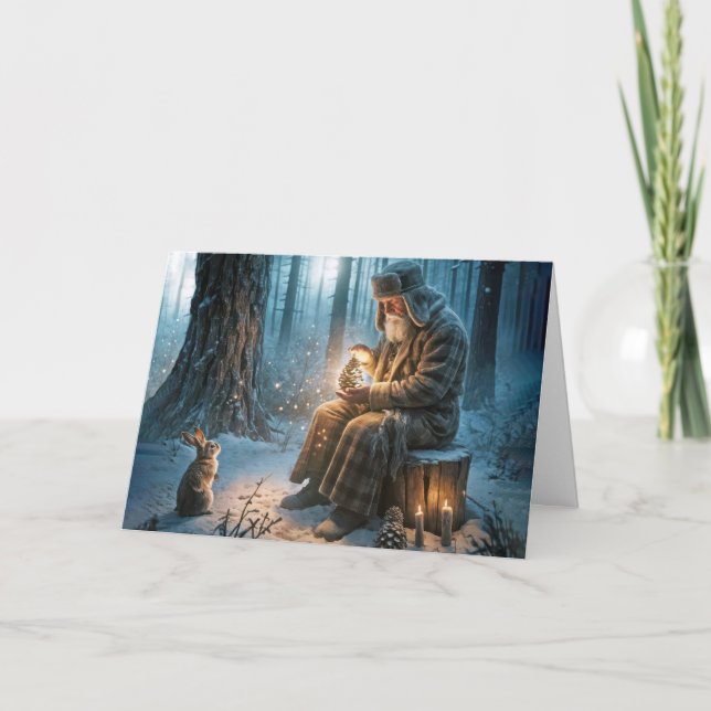 Alter Mann Weihnachten mit Kaninchen Karte (Vorderseite)