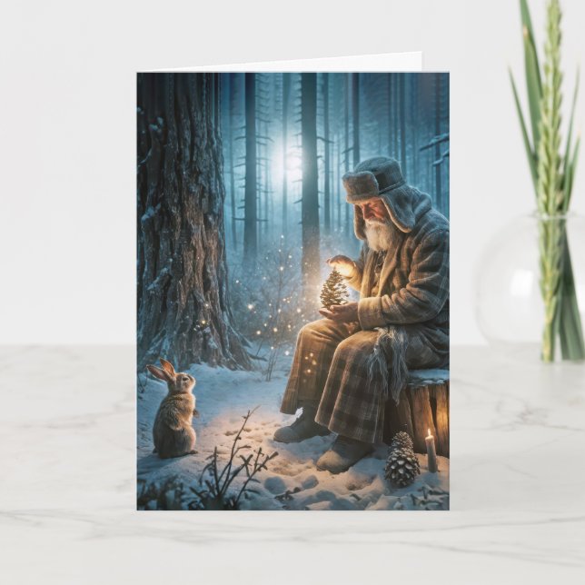 Alter Mann Weihnachten mit Kaninchen Karte (Vorderseite)