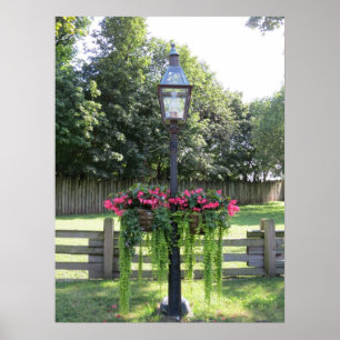 Alter Mode-Lampen-Posten mit hängenden Blumen Poster