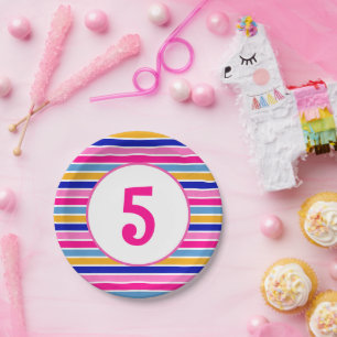 Alter Nummer farbiges Stripmuster Vivid Party Pappteller