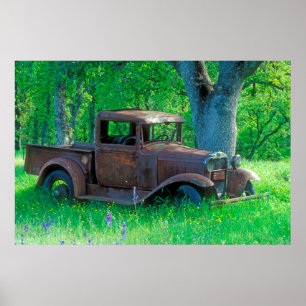 Alter rostiger Lastwagen auf einer Wiese Poster