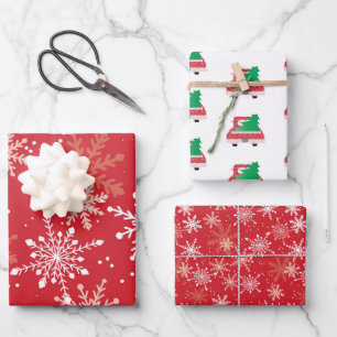 Alter roter Lkw und Schneeflocken Geschenkpapier Set