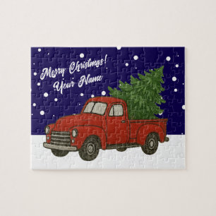 Alter roter Pickup-Truck mit Weihnachtsbaum