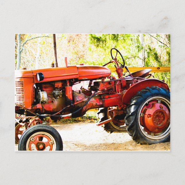 Alter roter Traktor Postkarte (Vorderseite)