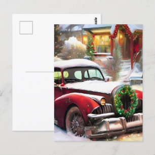 Alter roter Weihnachtswagen im Schnee  Postkarte