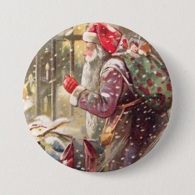 Alter Sankt Nikolaus mit Geschenken im Button (Vorderseite)