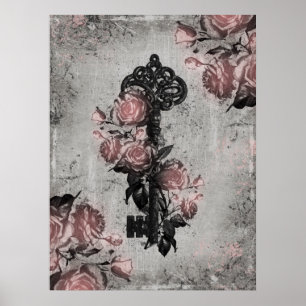 Alter Schlüssel und Rose Poster