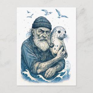 Alter Seemann mit Seehund Postkarte
