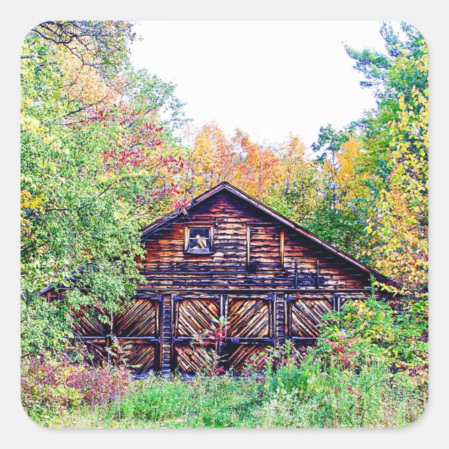 Alter Stall im Herbst Quadratischer Aufkleber (Vorderseite)