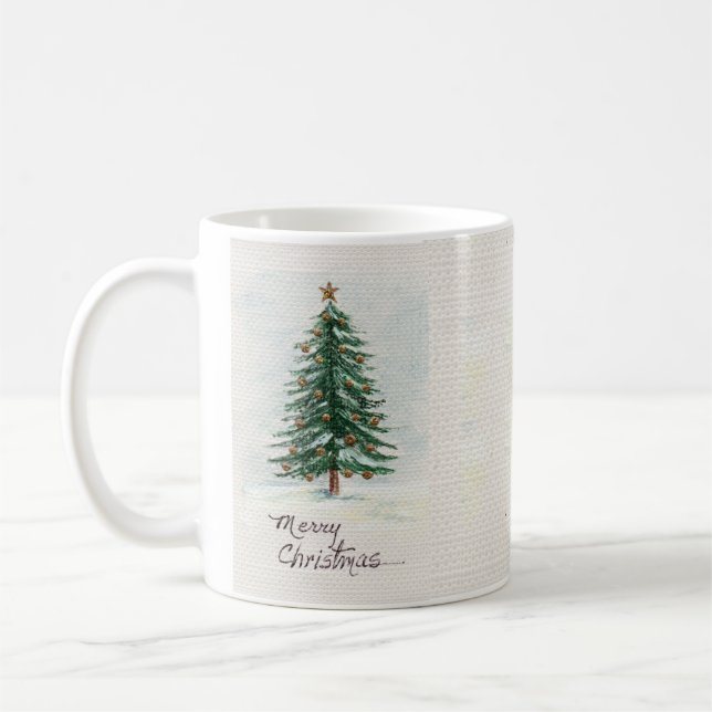 Alter Stil Wasserfarbe Weihnachtsbaum im Schnee Kaffeetasse (Links)
