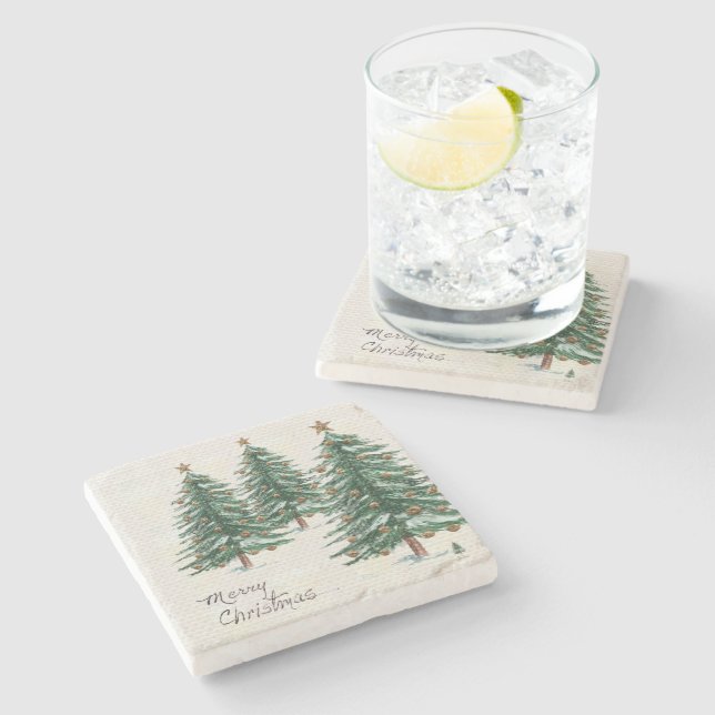 Alter Stil Wasserfarbe Weihnachtsbaum im Schnee Steinuntersetzer (Seitenansicht)