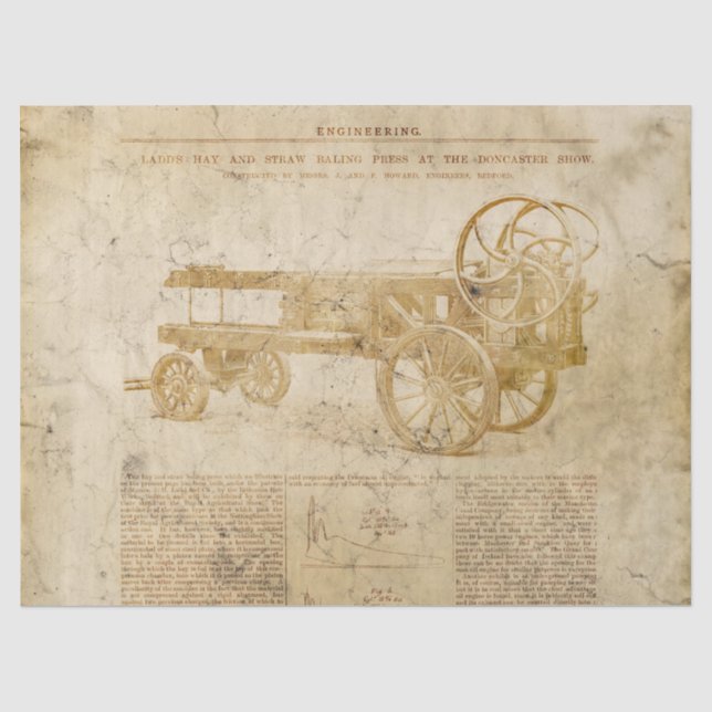Alter Traktor und Text auf Tan-Dekoupage Seidenpapier (Vorderseite)