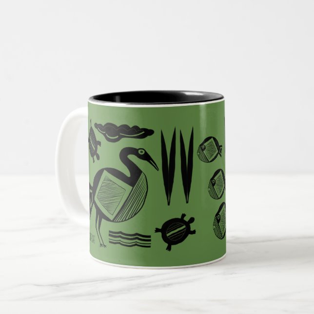 Alter Vogel, Schildkröte, Gras, Wasser mit Tinte Zweifarbige Tasse (Vorderseite Links)