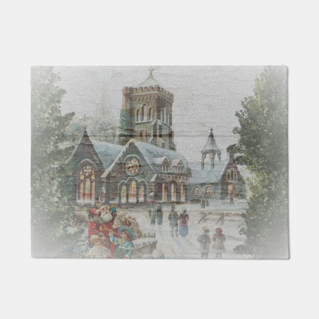 Alter Weihnachtsmann mit Kindern vor einer Kirche  Fußmatte (Vorderseite)