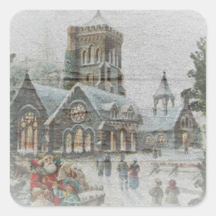 Alter Weihnachtsmann mit Kindern vor einer Kirche  Quadratischer Aufkleber