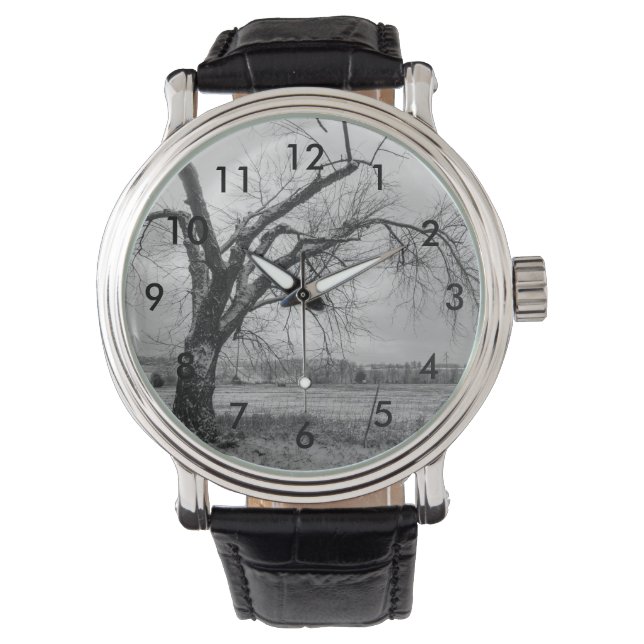 Alter Winterbaum Graustufen Armbanduhr (Vorderseite)