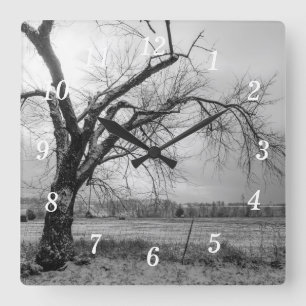 Alter Winterbaum Graustufen-Wall-Uhr Quadratische Wanduhr