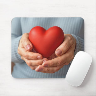 Ältere Frau hält ein rotes Herz Mousepad