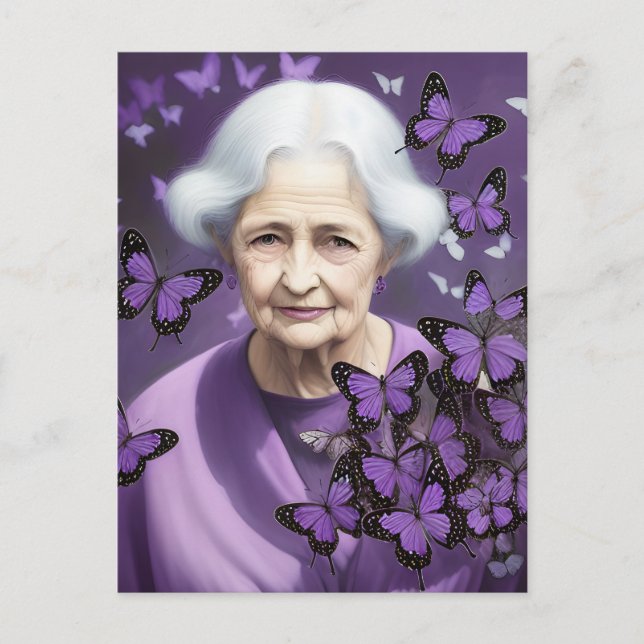 Ältere Frau und lila Schmetterlinge Postkarte (Vorderseite)