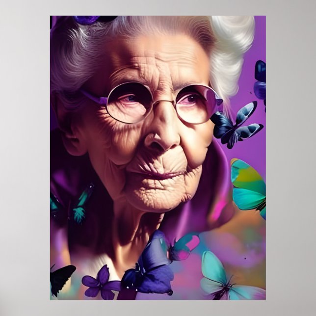 Ältere Frauen Lila mit Schmetterlingen Poster (Vorne)