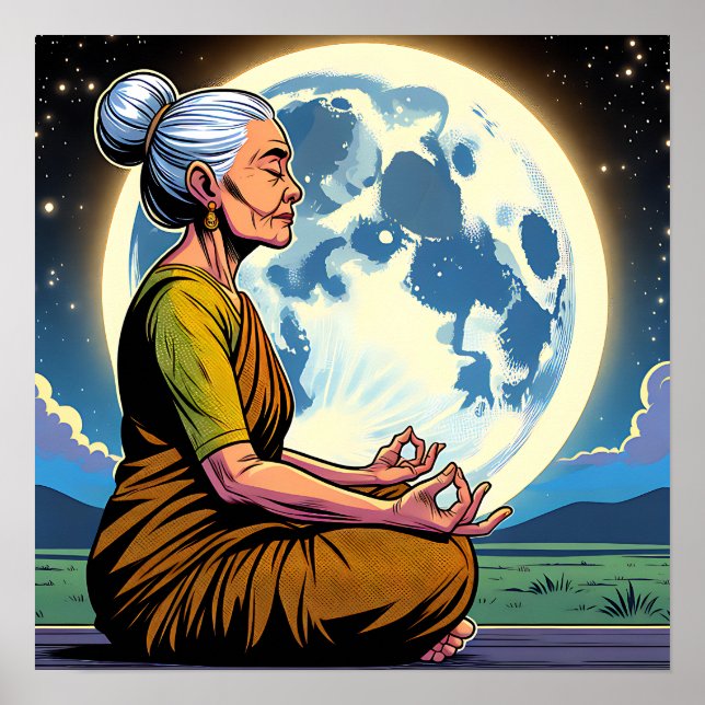 Ältere Frauen meditieren unter dem Mond Poster (Vorne)