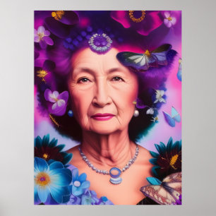 Ältere Frauen mit Schmetterlingen und Blume Poster