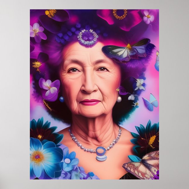 Ältere Frauen mit Schmetterlingen und Blume Poster (Vorne)