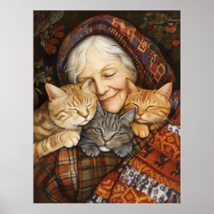 Ältere Frauen nehmen drei Katzen gemütlich ein Poster