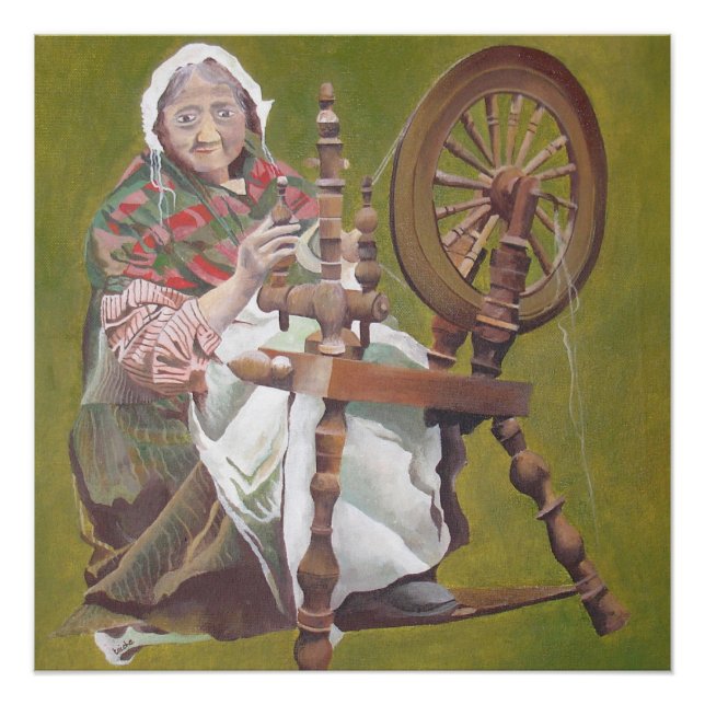Ältere irische Frauenkraftlerin an einem Spinnrad Poster (Vorderseite)