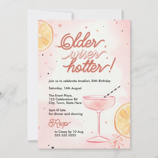 Ältere, klügere, heißer Pink Lemon Cocktail Geburt Einladung (Vorderseite)