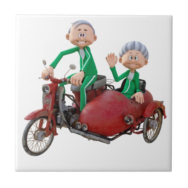 Ältere Paare auf einem Moped mit Beiwagen Fliese (Vorderseite)