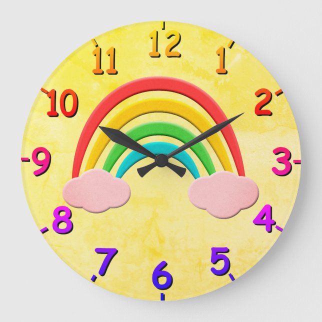 Ältere Papierschnitt Regenbogen und rosa Wolken Große Wanduhr (Vorderseite)